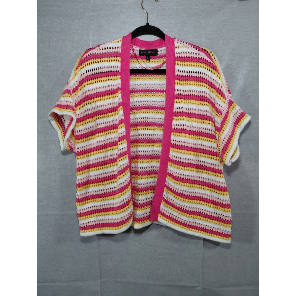 Lane Bryant Classic Short Sleeve Open Front Sweater Lacy Knit 18/20 Pink Flame